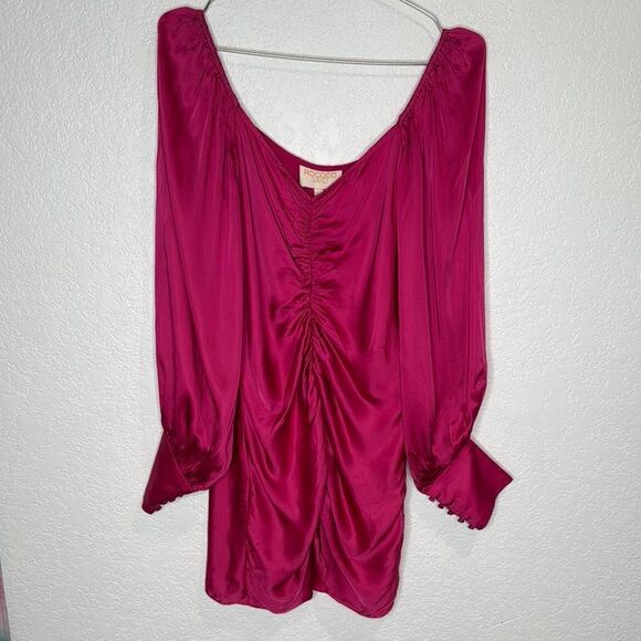NWT Rococo Sand Hot Pink Barbiecore Satin Ruched Poppy Mini Dress Large - Picture 2 of 16